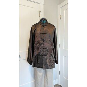Vintage men's traditional Chinese jacket Large dragon brown satin lined cuffed